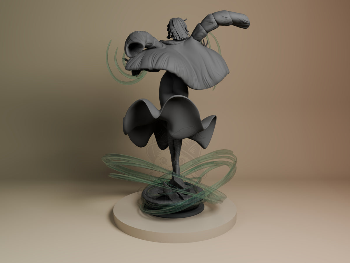 Fubaki resin figure from One Punch Man in dynamic pose with outstretched arms, black painted body, translucent green wing details, viewed from left angle on cream base.