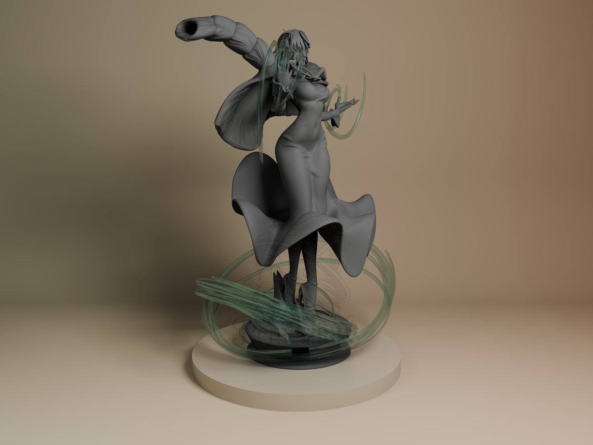Fubaki resin figure from One Punch Man shown from the right side in a dynamic upward pose on a circular base with green swirled details.