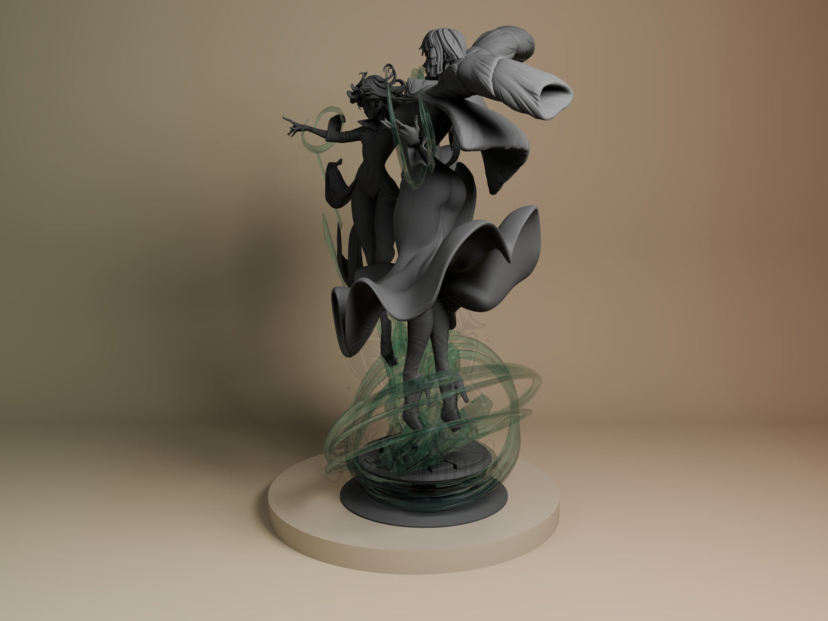 Fubaka and Tatsumaki resin diorama from One Punch Man, angled view showing dynamic posed figures on circular base with green orbital effects.