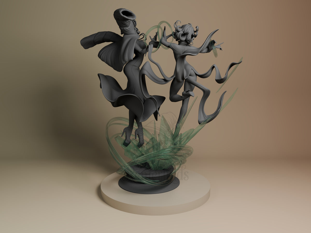 Fubaka and Tatsumaki resin diorama from One Punch Man, rear view showing unpainted figures in dynamic poses on grass base with painted details.