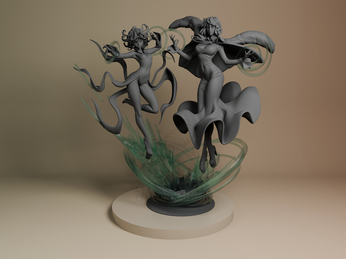 Fubaka and Tatsumaki resin diorama from One Punch Man, front view with two unpainted figures on dynamic bases and green painted aquatic plant elements.
