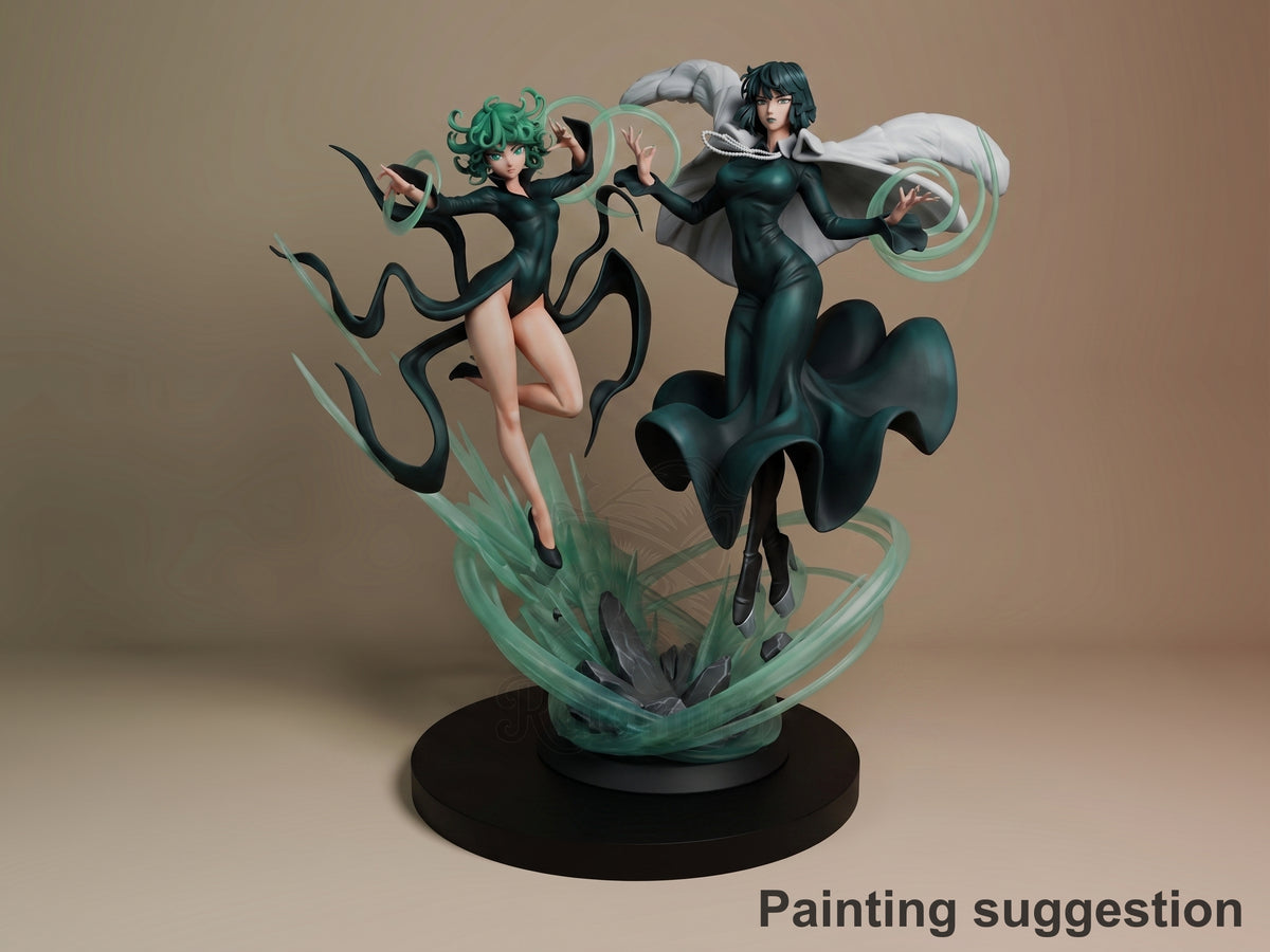 Fubaka and Tatsumaki from One Punch Man painted resin diorama showing both characters in dynamic poses on a black base with green energy effects.