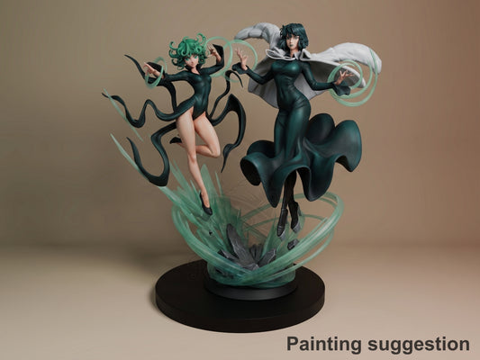 Fubaka and Tatsumaki from One Punch Man painted resin diorama showing both characters in dynamic poses on a black base with green energy effects.