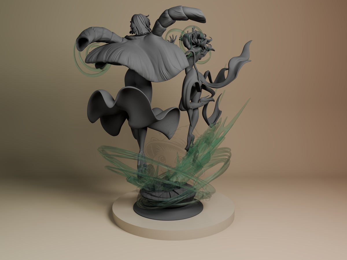 Fubaka and Tatsumaki from One Punch Man resin diorama, side view, dynamic poses on translucent green base with black figures and detailed painted elements.