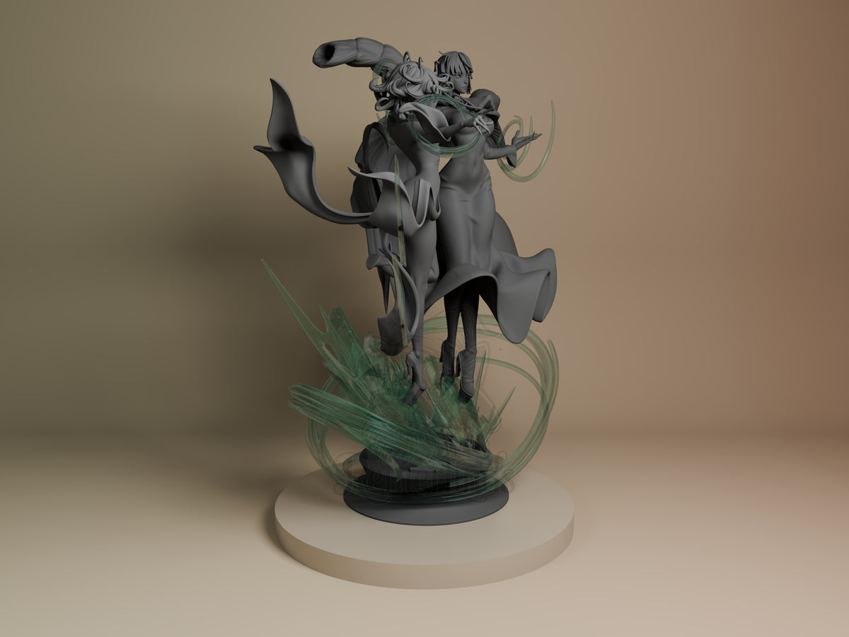 Fubaka and Tatsumaki resin diorama from One Punch Man, right side view showing two characters on rearing horse with dynamic pose and green painted base accents.