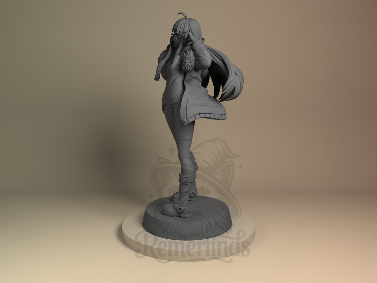 Original anime-style hacker girl Phantom Heist 5 3D printed resin figure by Nomnom, angled view showing dimensional details.