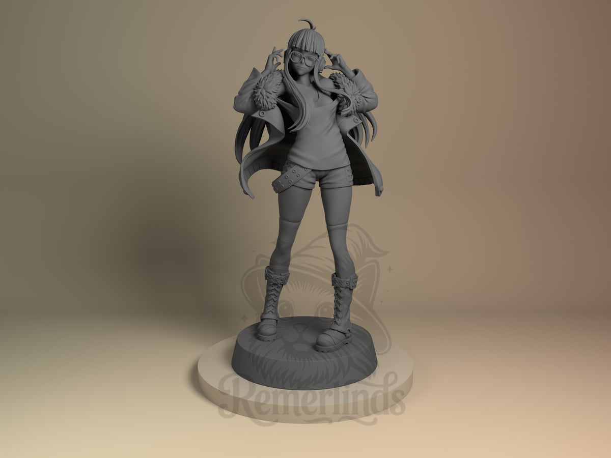 Futaba Sakura from Persona 5 poses front-facing as an unpainted resin figure on a sculpted base.