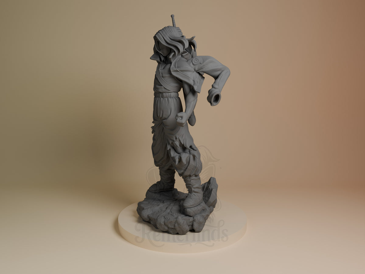 Silver Hero from Dragon Sphere Y resin figure shown from a three-quarter angle, unpainted, on a sculpted rocky base.