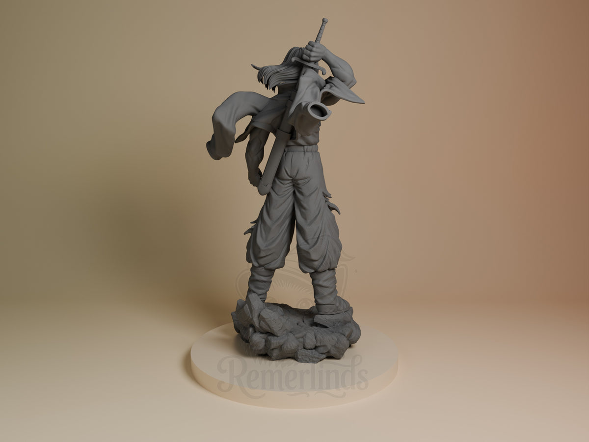 Back view of Silver Hero from Dragon Sphere Y, an unpainted resin figure holding a sword on a rocky sculpted base.