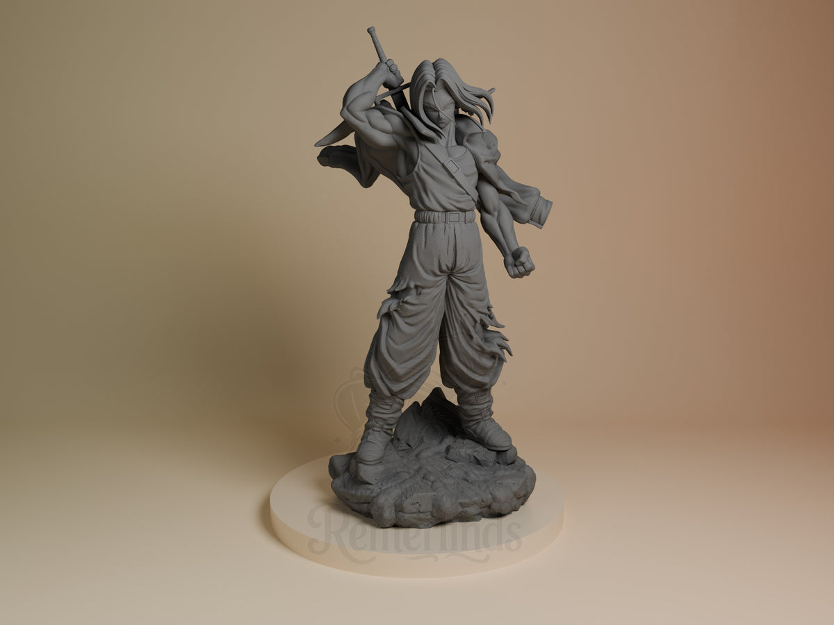 Front-facing Silver Hero from Dragon Sphere Y is an unpainted resin figure with sword raised on a rocky sculpted base.