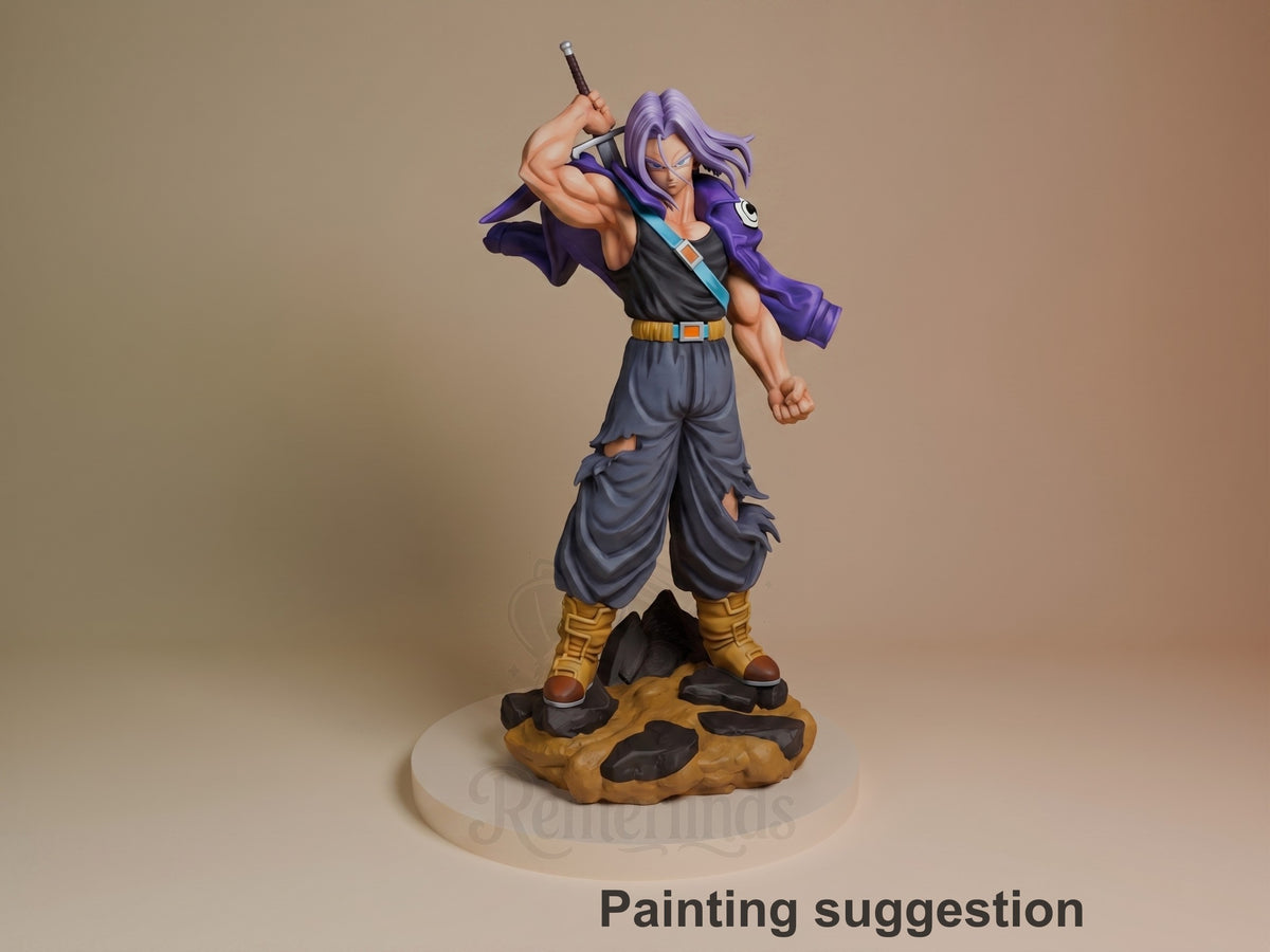Painted Silver Hero resin figure from Dragon Sphere Y poses with sword raised on a rocky base.