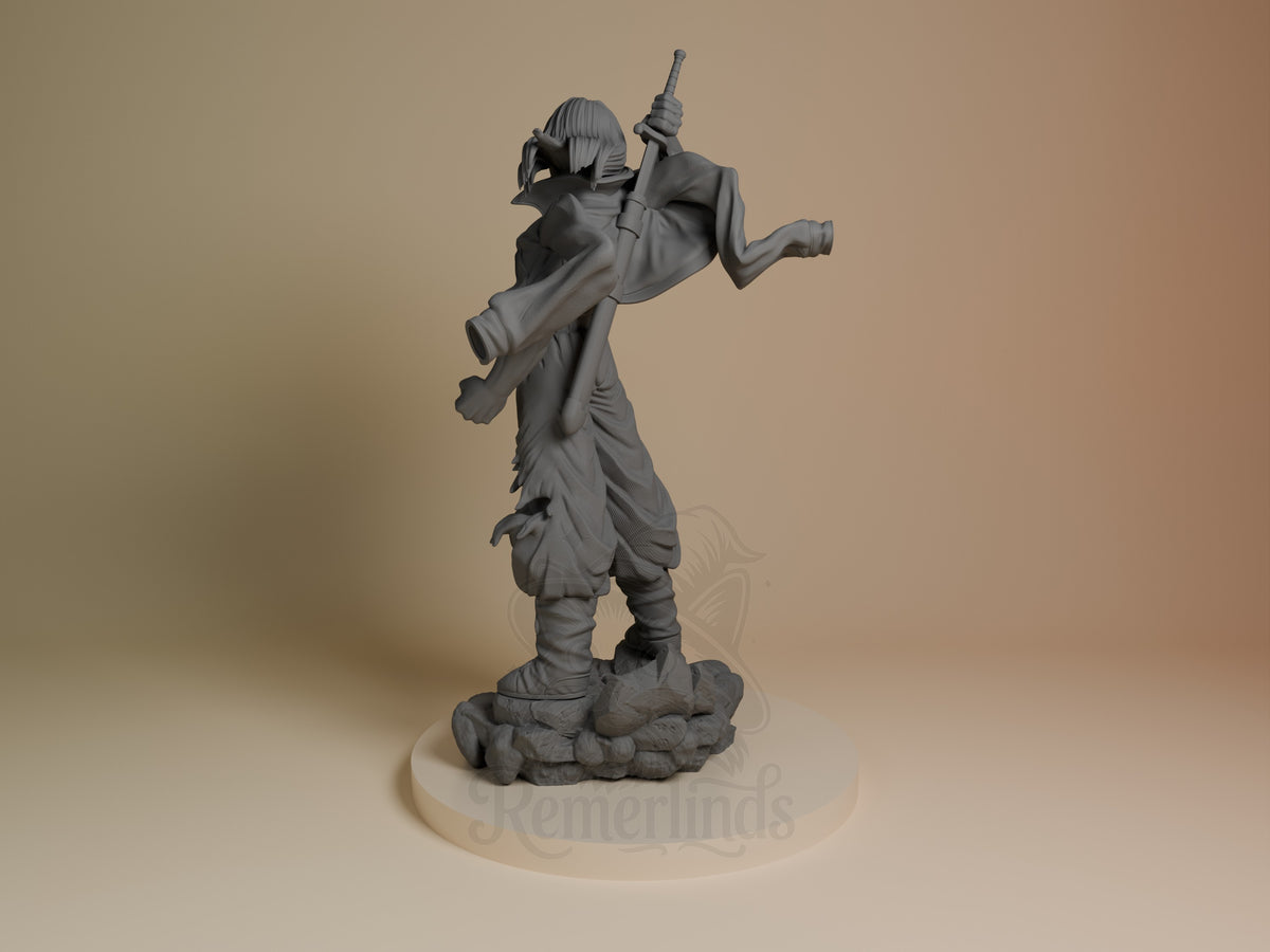 Unpainted Silver Hero from Dragon Sphere Y resin figure, rear three-quarter pose with sword and rocky sculpted base.