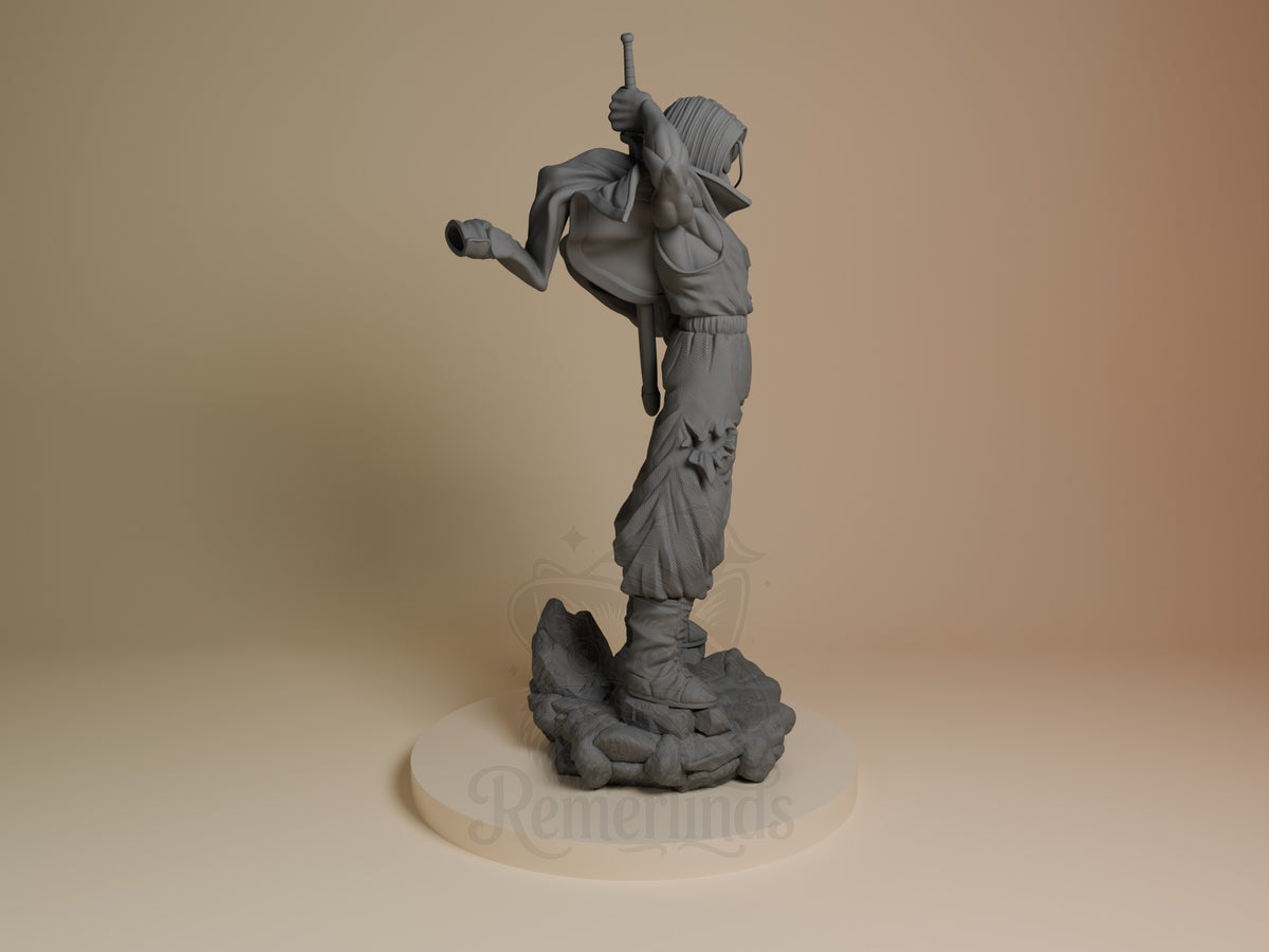 Right-side view of Silver Hero from Dragon Sphere Y, an unpainted resin figure with sword raised on a rocky base.