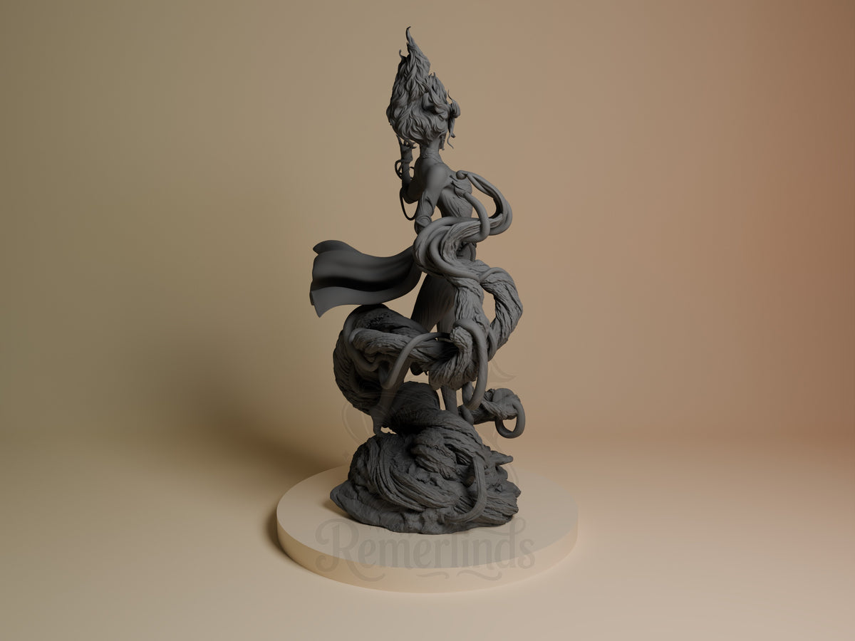 Gaia resin figure from Original Art shown from back angle, displaying flowing hair and cape detail, mounted on cream base, unpainted gray finish.