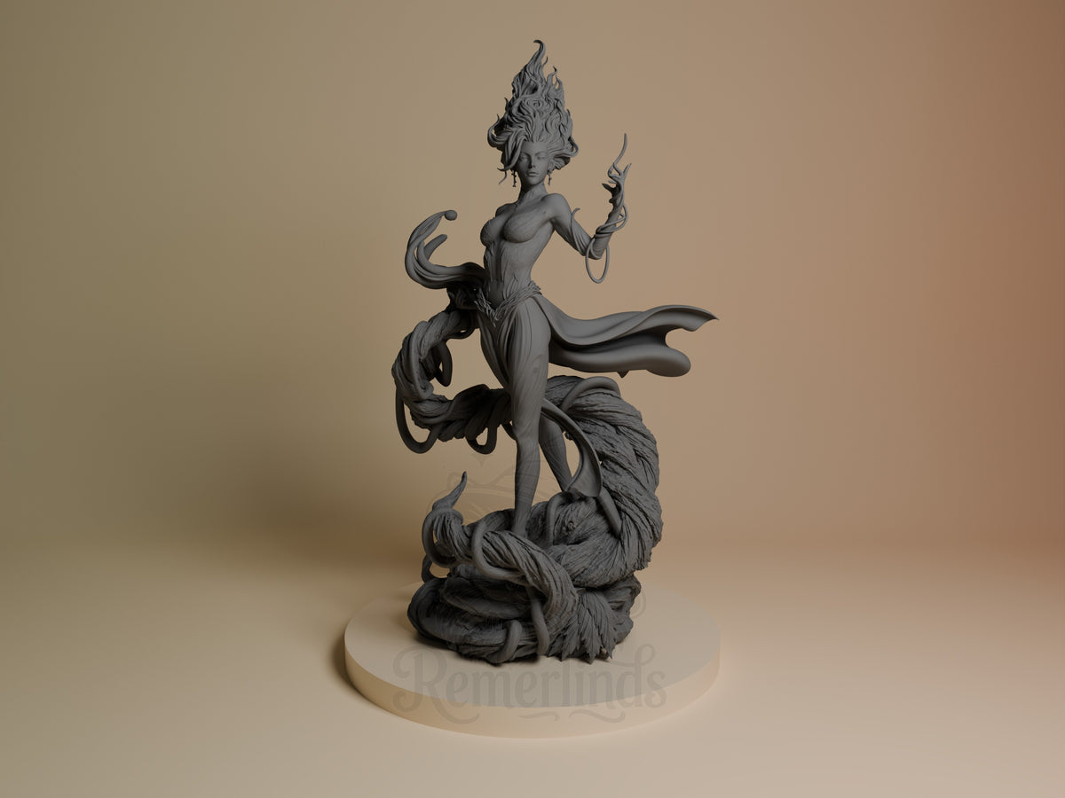 Gaia resin figure from Original Art stands on cream base, holding daggers with elaborate headdress and flowing cape, unpainted gray finish, front view.