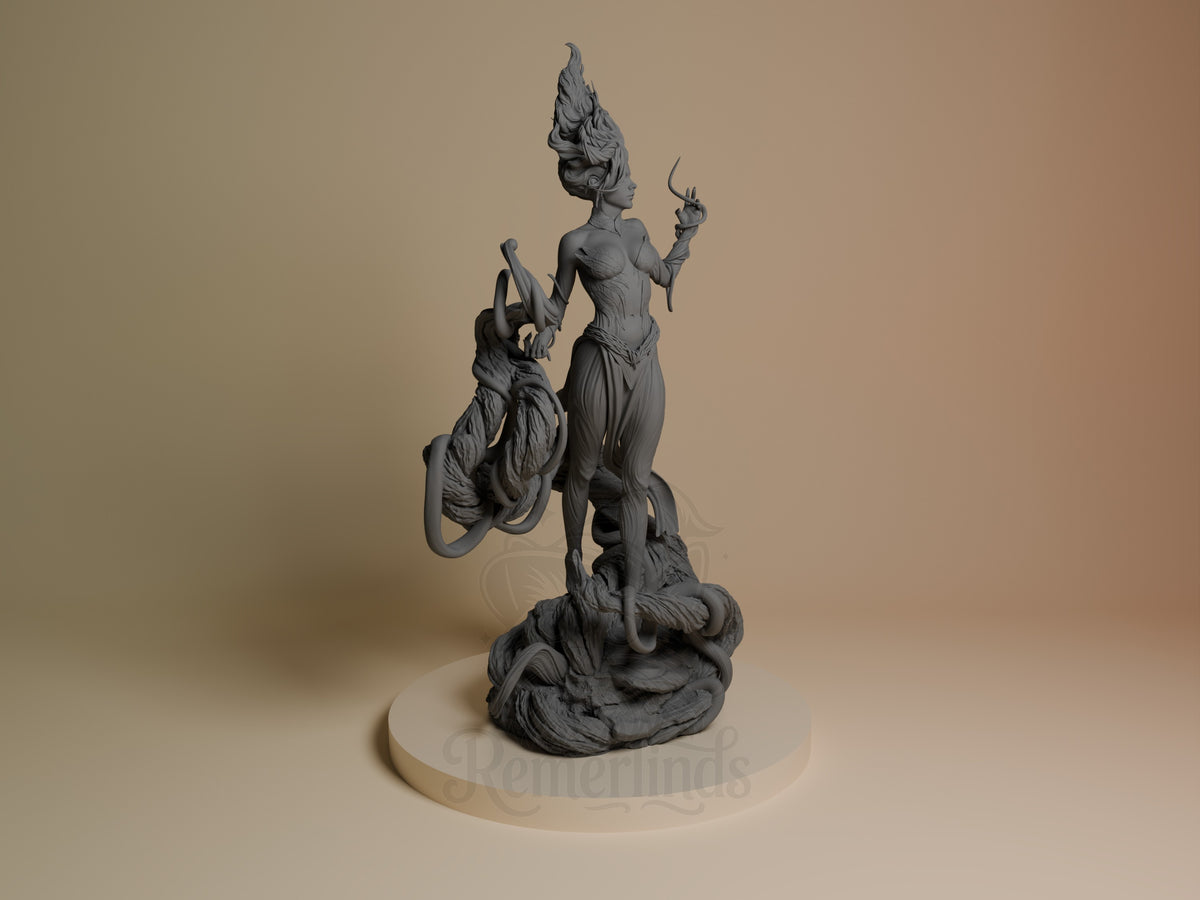 Gaia resin figure from Original Art shown from right angle, unpainted gray with detailed sculpting, holding curved staff and small companion creature, on cream base.