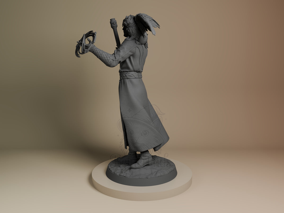 Gale from Baldur's Gate resin figure shown from a side angle, unpainted, with staff and sculpted base.