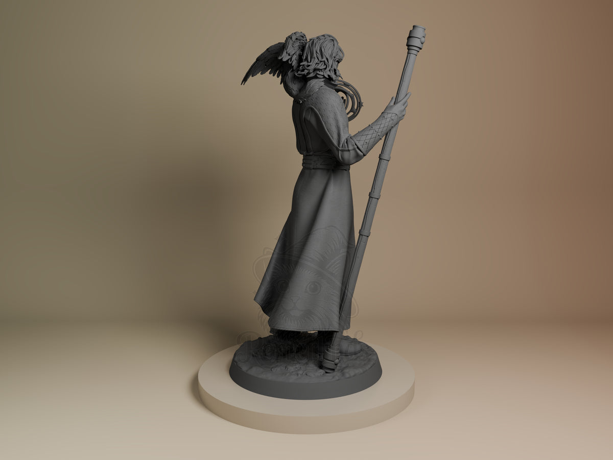 Back three-quarter view of Gale from Baldur's Gate, an unpainted resin figure with wings, staff, robe, and sculpted base.