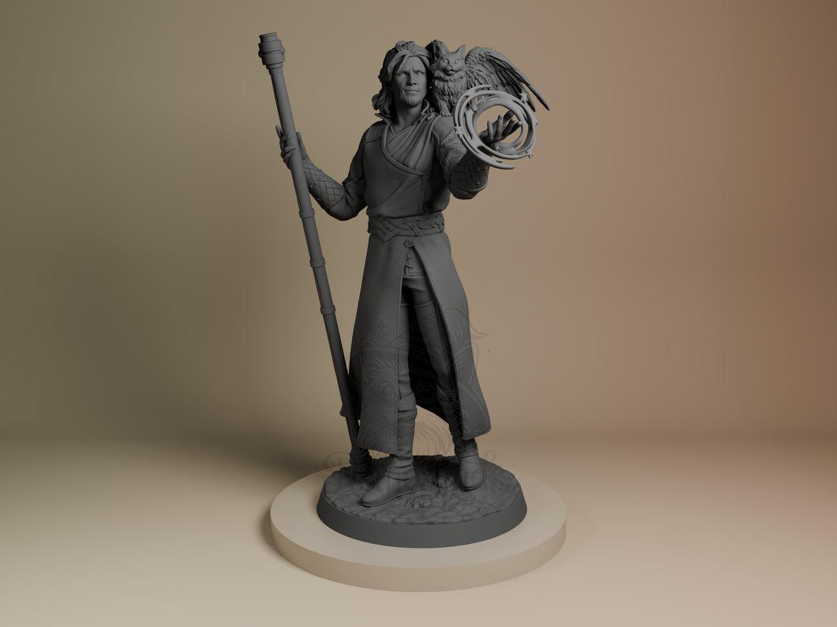 Front view shows Gale from Baldur's Gate, an unpainted resin figure with staff and orb on a base.