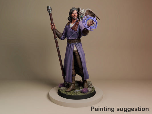 Gale resin figure from Baldur's Gate in wizard robes holding a staff, displaying painted details with cats on shoulder, on scenic base.