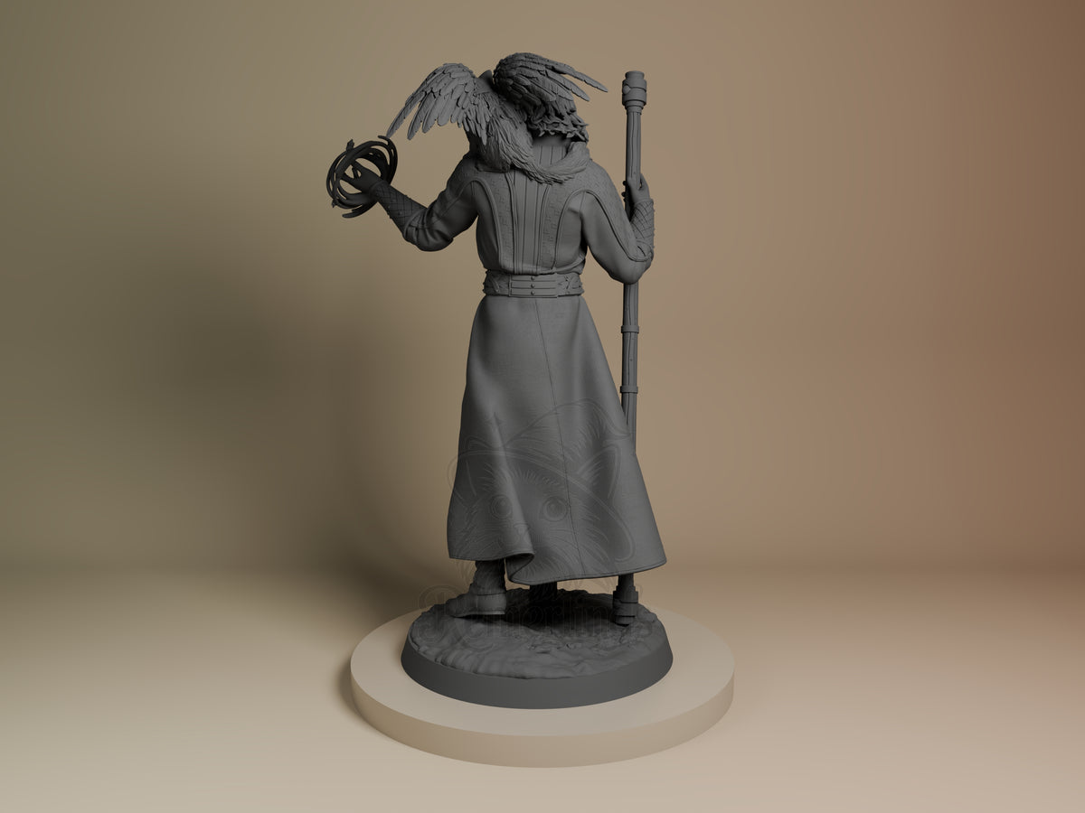Gale from Baldur's Gate resin figure shown unpainted from the rear left, holding a staff and orb on a sculpted base.