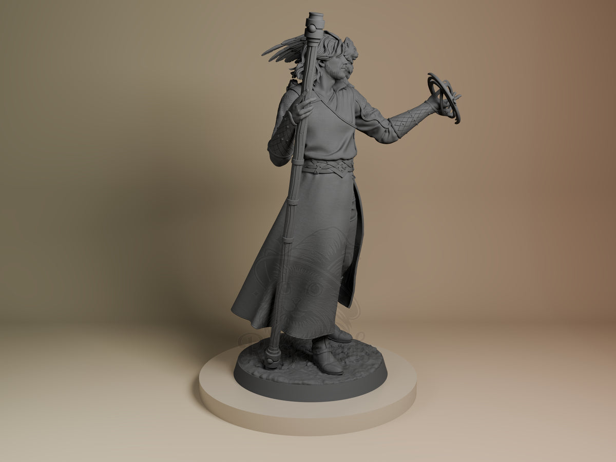 Gale from Baldur's Gate resin figure stands unpainted in a three-quarter pose with staff, orb, and sculpted base.