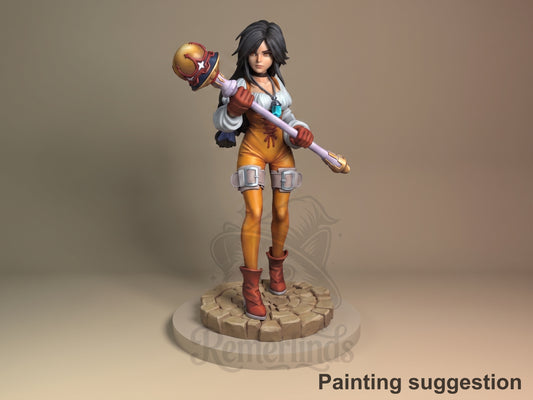 Painted Garnet Til Alexandros from Final Fantasy resin figure stands with a staff on a stone base.
