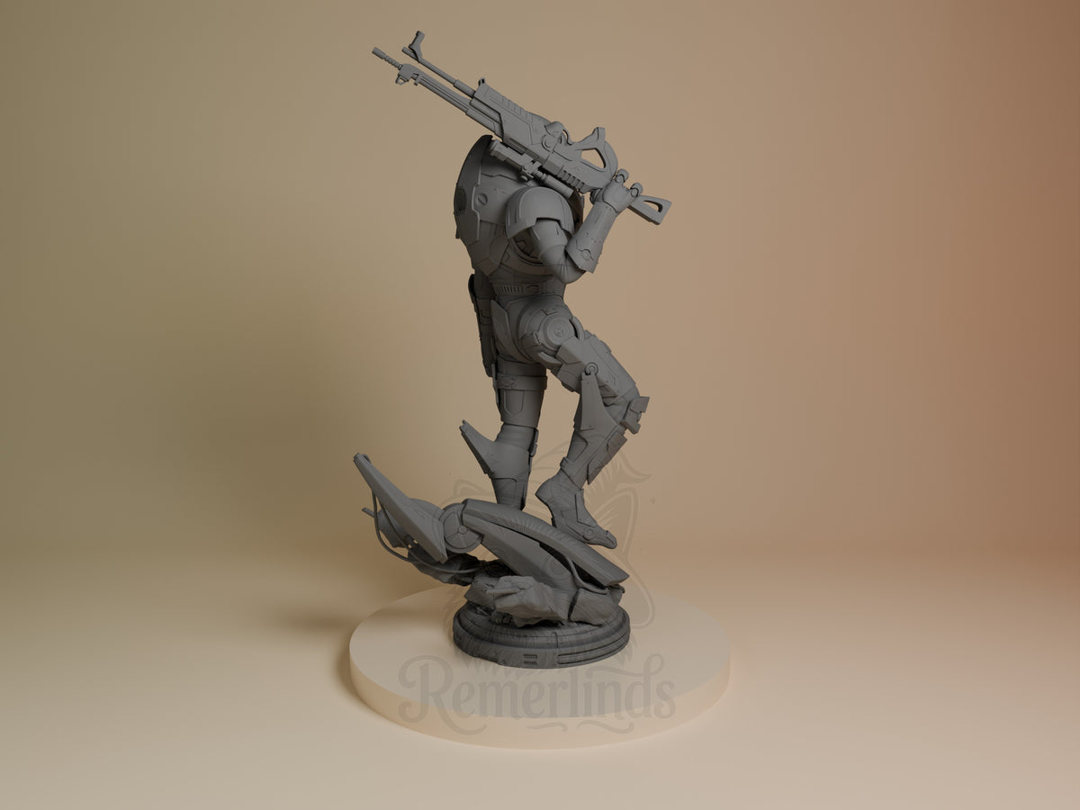 Garrus resin figure from Mass Effect shown from behind, standing in dynamic pose with rifle raised, unpainted gray finish on circular base.