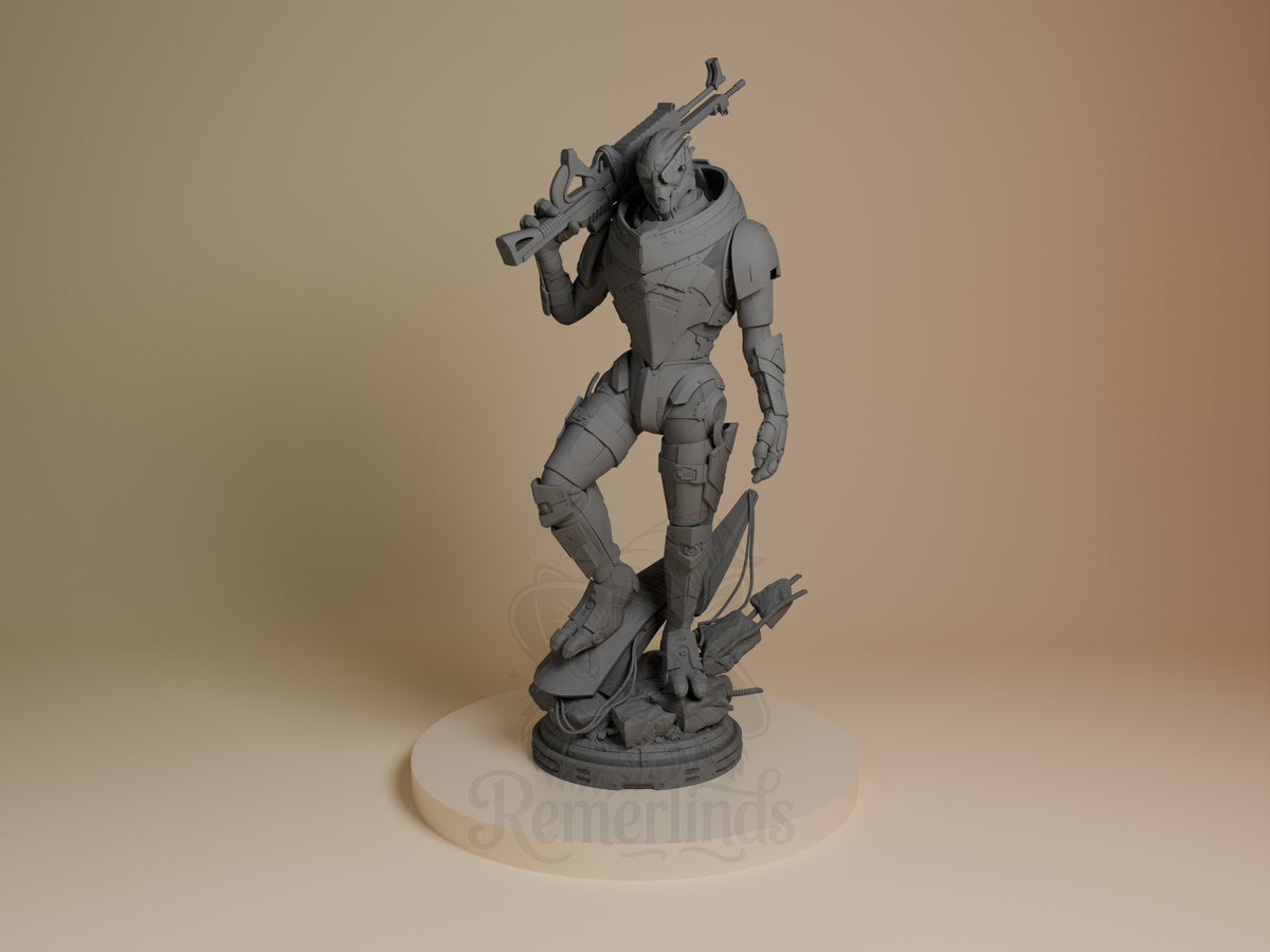 Garrus Vakarian resin figure from Mass Effect in dynamic pose holding rifle, unpainted gray resin on circular base, front view.