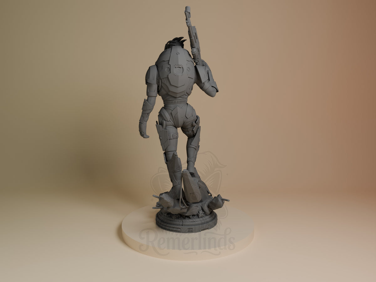 Garrus from Mass Effect resin figure shown from left angle, unpainted gray, standing with rifle raised, detailed armor on textured base.