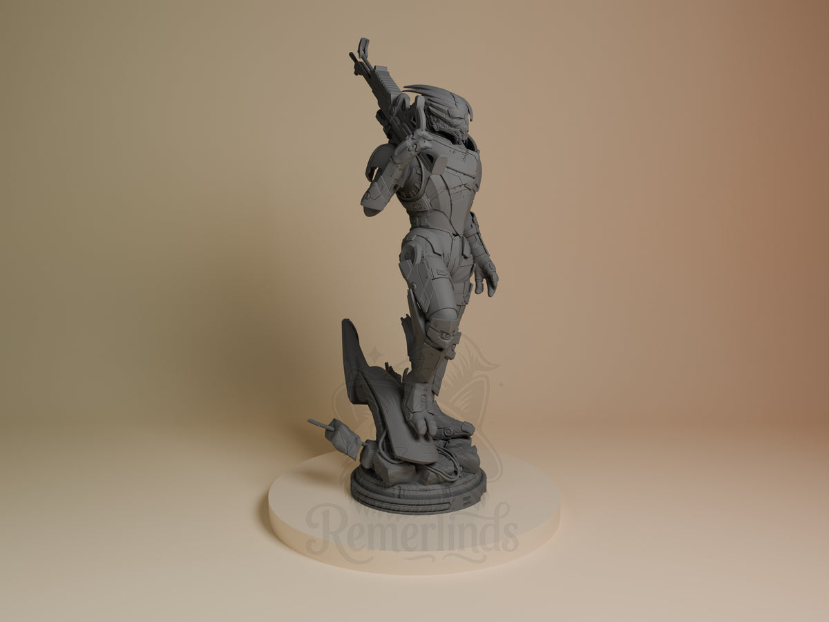 Garrus resin figure shown from the right side in dynamic pose, unpainted gray resin with detailed armor plating and weapon, mounted on circular base.