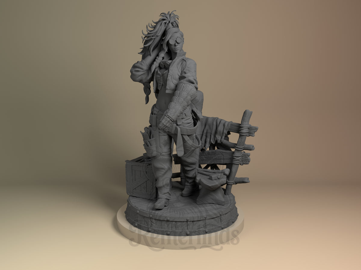 Gemma Beast Hunter 3D printed resin figure by Nomnom, unpainted front view. The figure depicts Gemma from the Beast Hunter series standing confidently in a casual yet ready pose. She holds a crossbow-style weapon at her hip, accessorized with tactical gear and armored forearm protection. The base features a rustic scene with a wooden crate and fence binding cloth, enhancing the monster hunter vibe with intricate details such as flowing hair and tactical clothing.