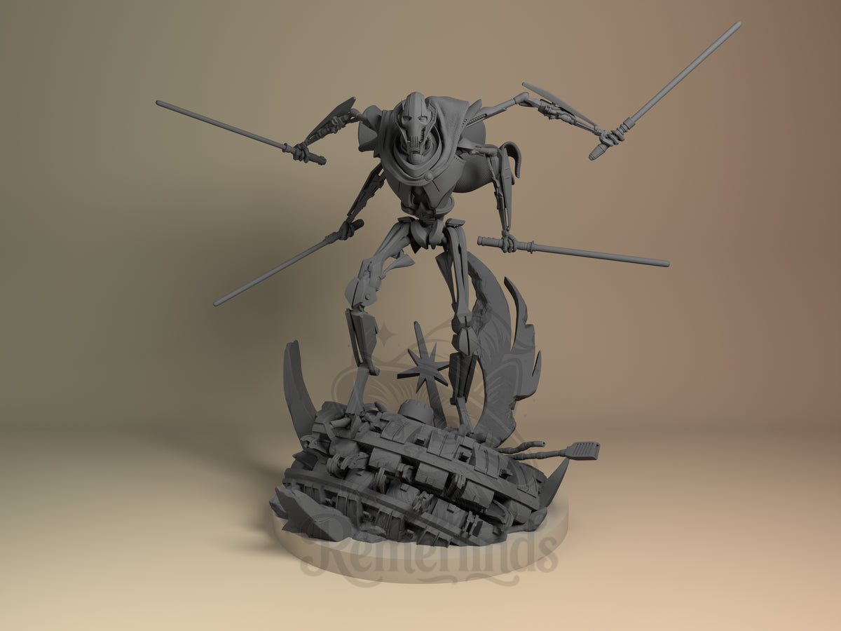 Cyborg Warlord Galaxy Wars 3D printed resin figure by Nomnom, unpainted front view. This 3D printed resin figure depicts a cyborg warlord resembling General Grievous from Star Wars in an aggressive stance. The four-armed figure holds four lightsabers, standing on a detailed base featuring wreckage and symbolic elements. The combination of skeletal robotic limbs, draped fabric, and dynamic pose creates a powerful, menacing composition.