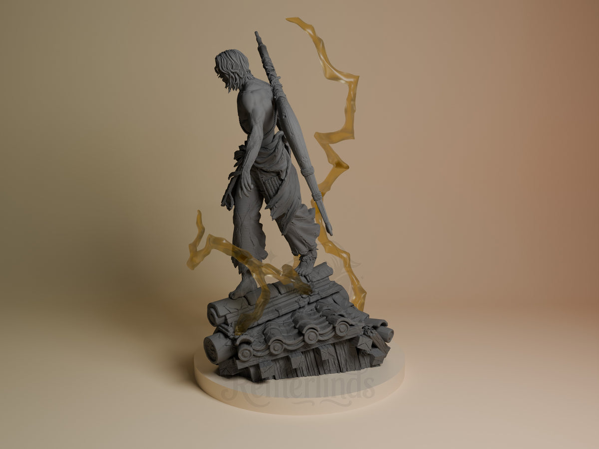 A rear three-quarter view shows unpainted Genichiro Ashina from Sekiro with a back sword, resin figure, and sculpted tiledly?