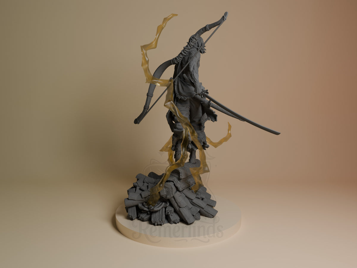 Back view of Genichiro Ashina from Sekiro, unpainted resin figure with bow, sword, and rubble base.