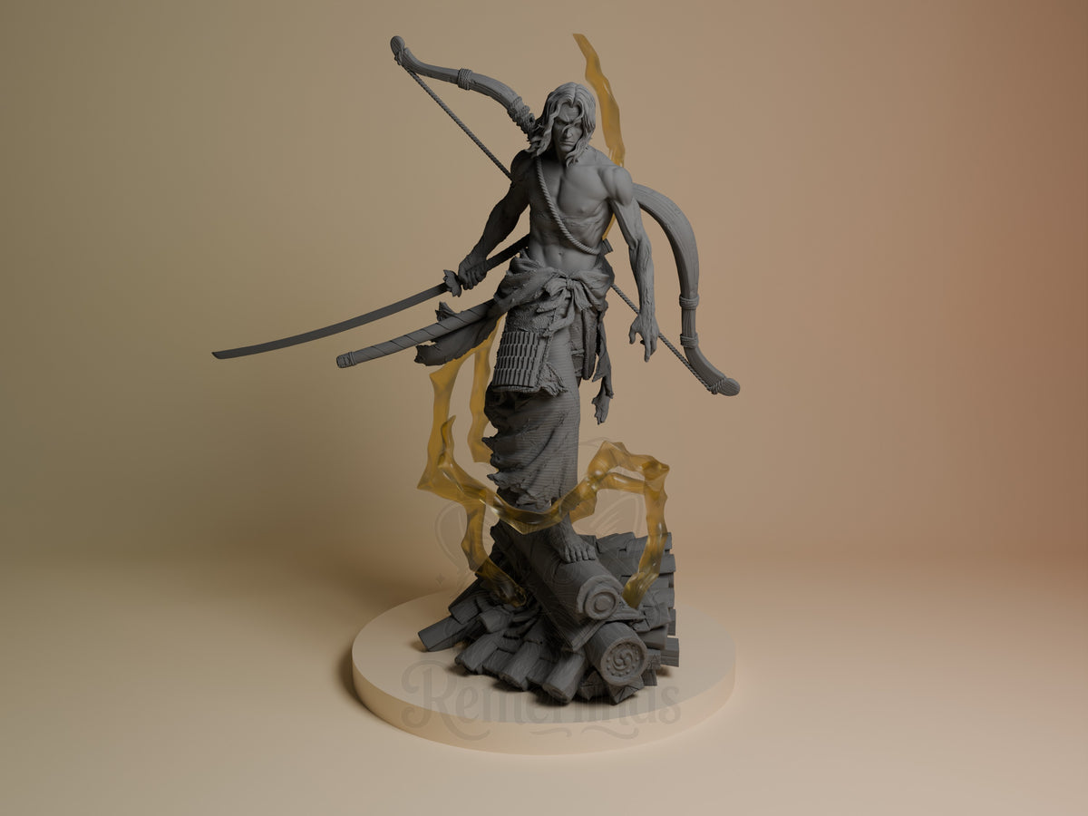 Genichiro Ashina from Sekiro, an unpainted resin figure with bow and katana on a sculpted base.