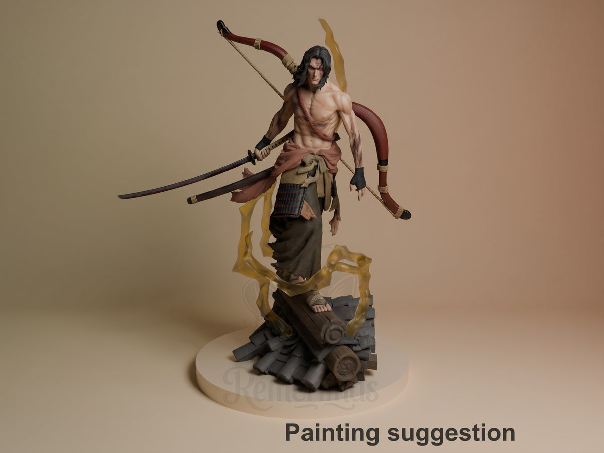 Painted Genichiro Ashina from Sekiro stands in three-quarter view with bow and katana on a sculpted base; resin figure.