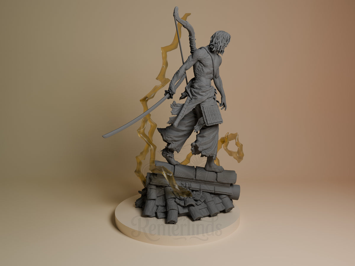 Genichiro Ashina from Sekiro stands in a sword pose as an unpainted resin figure on rubble.