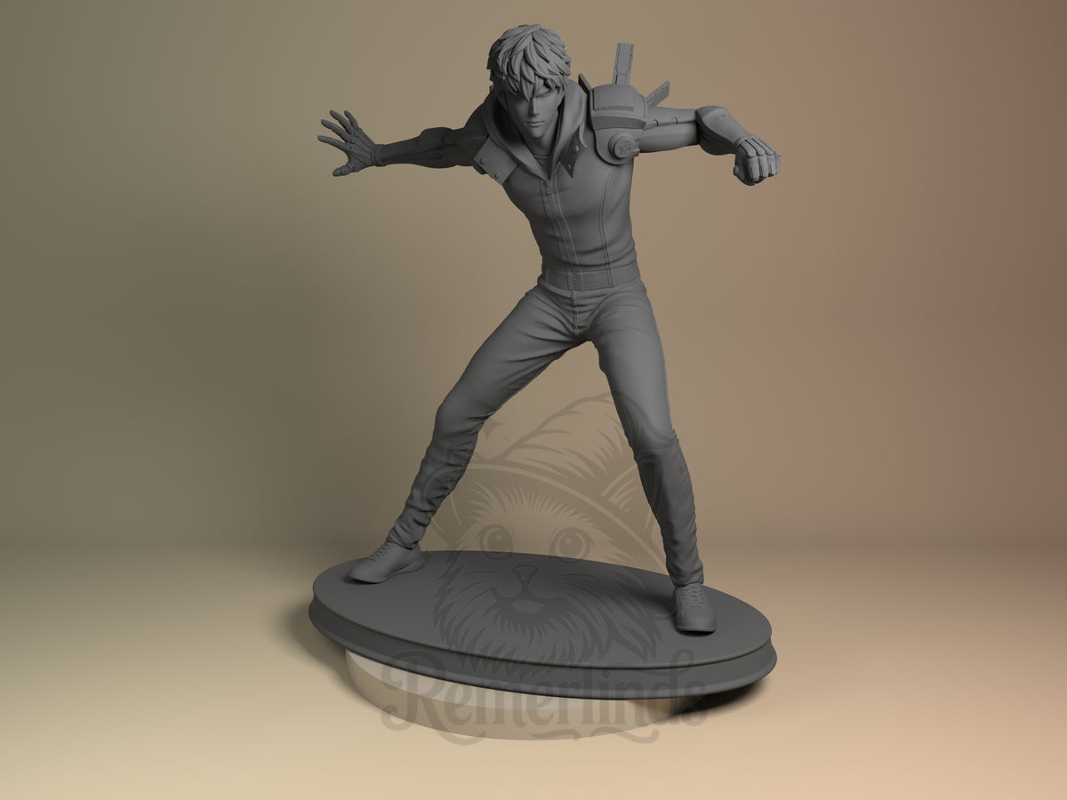 Inferno Cyborg Single Punch Hero 3D printed resin figure by Nomnom, unpainted front view. The 3D resin miniature depicts Inferno Cyborg from One Punch Man in a ready battle stance. It shows great attention to detail in the cybernetic arm and mechanical shoulder piece, contrasted with human-like features and attire. The figure balances dynamic movement with strong, stable footing on its oval base, capturing the character's aggressive and prepared combat style.