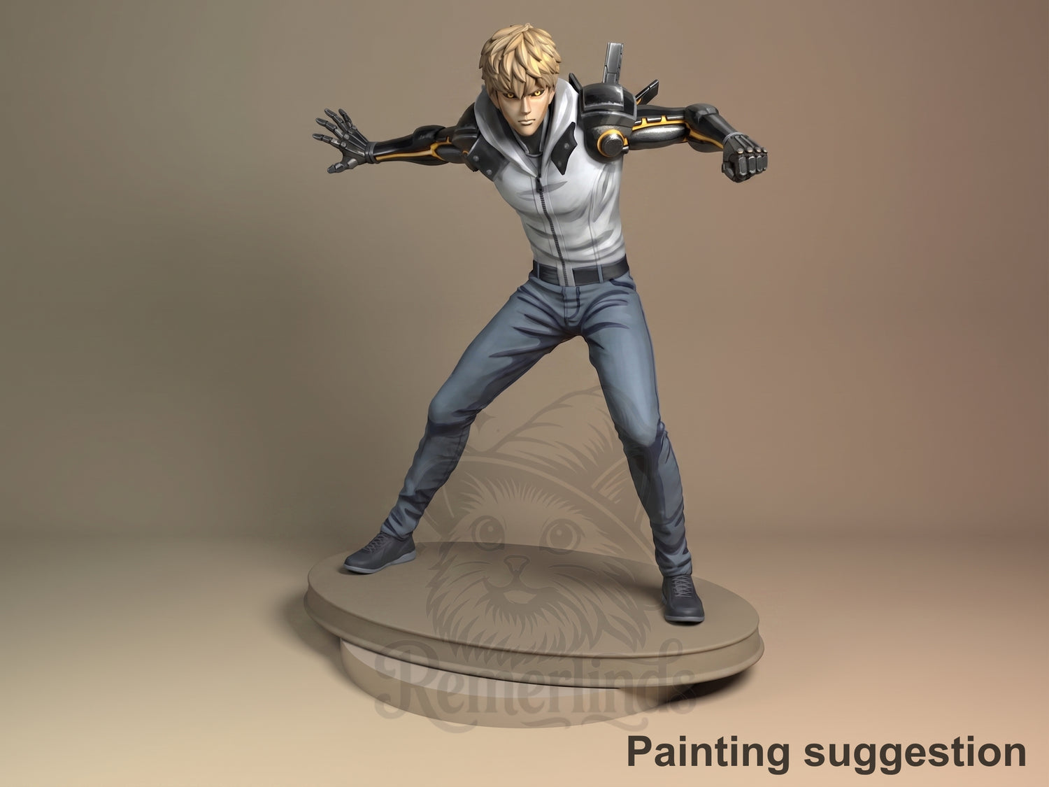 Inferno Cyborg Single Punch Hero 3D printed resin figure by Nomnom, colored view.