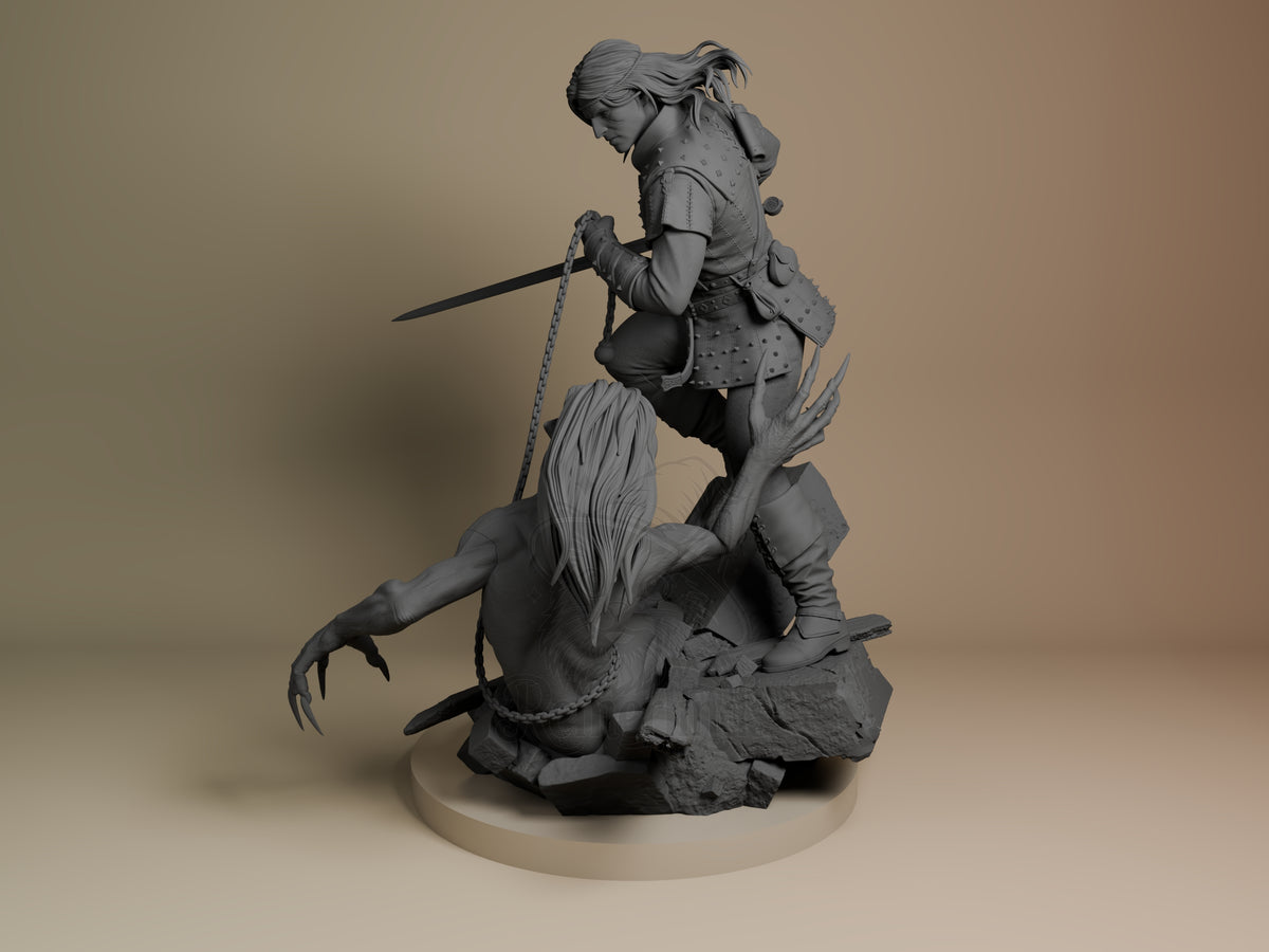 Angled unpainted resin figure of Geralt of Rivia from The Witcher kneeling on a rocky base.
