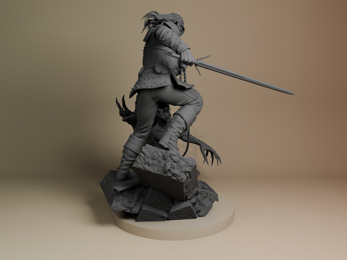 Back three-quarter view of unpainted Geralt of Rivia from The Witcher resin figure, crouching with sword on a sculpted rocky.