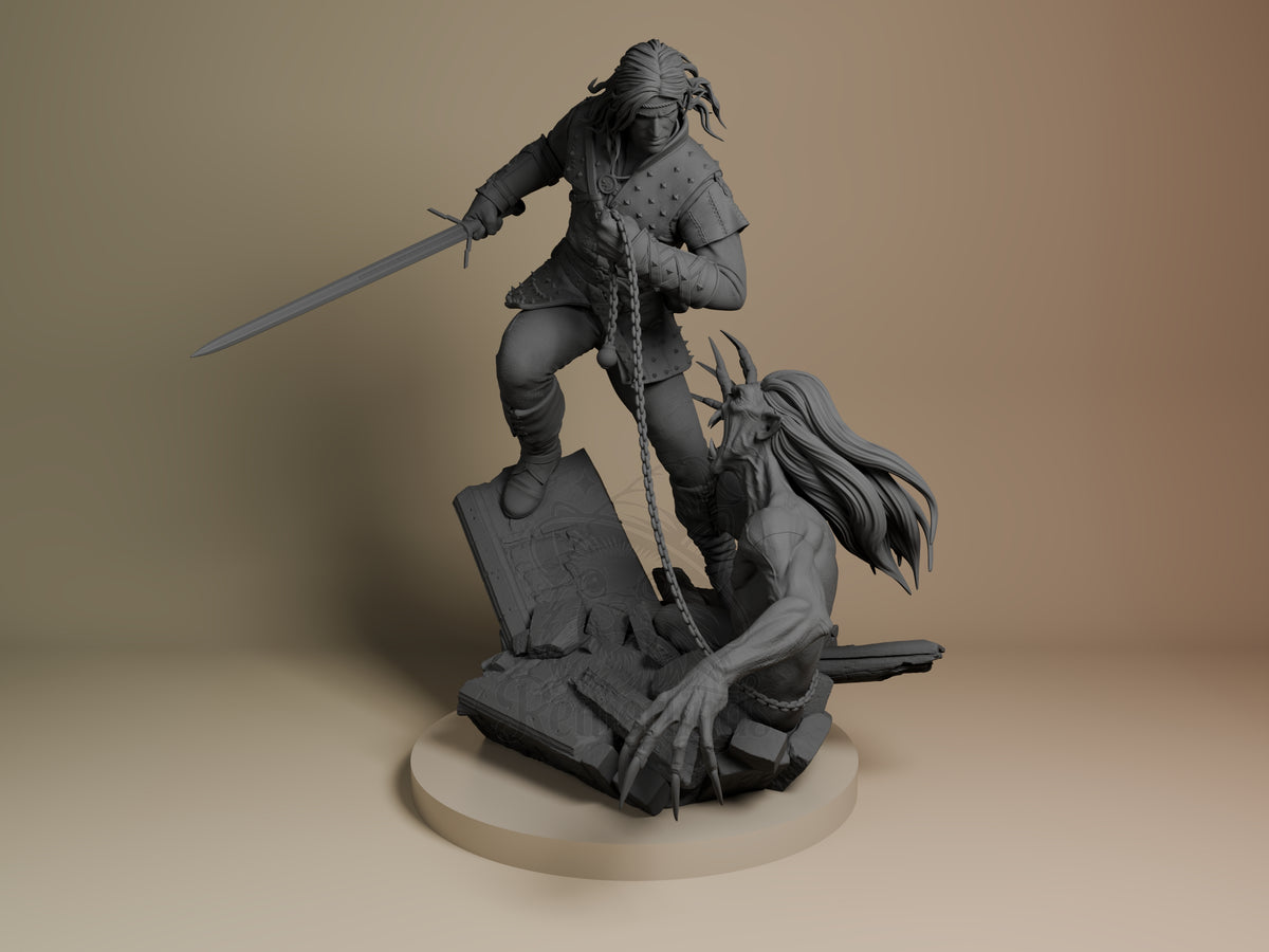 Front-view unpainted Geralt of Rivia from The Witcher resin figure kneels with sword over a sculpted base.