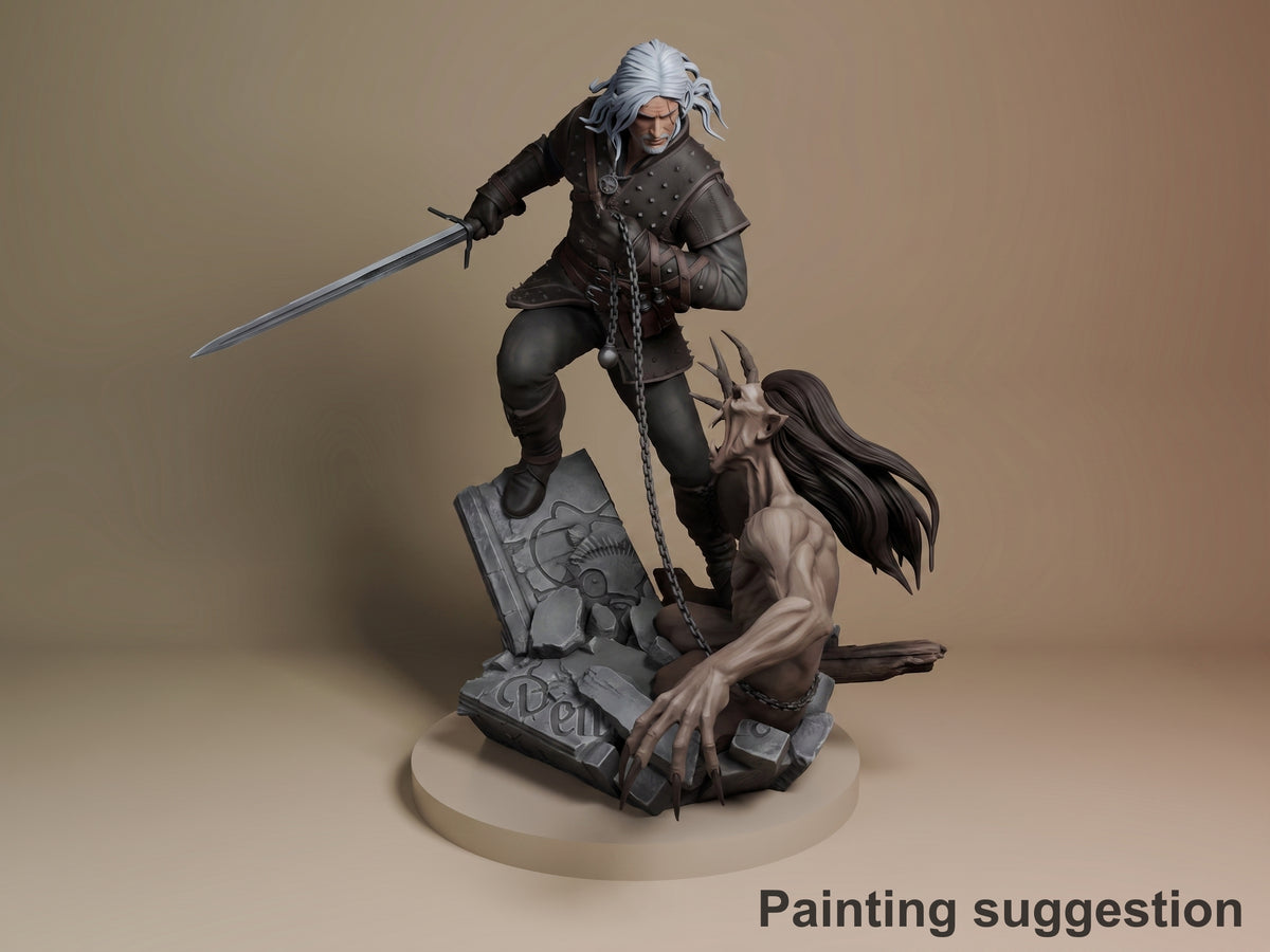 Painted Geralt of Rivia from The Witcher resin figure lunges with a sword beside a chained monster on a sculpted base.