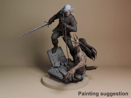 Geralt of Rivia painted resin figure in dynamic combat pose on rocky base, wielding sword with white hair and black armor visible.