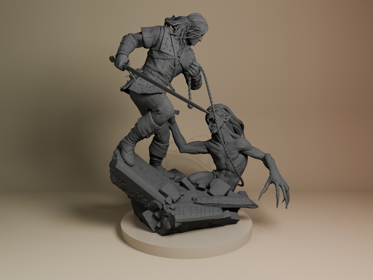 Three-quarter unpainted resin figure of Geralt of Rivia from The Witcher, sword over a monster on sculpted base.