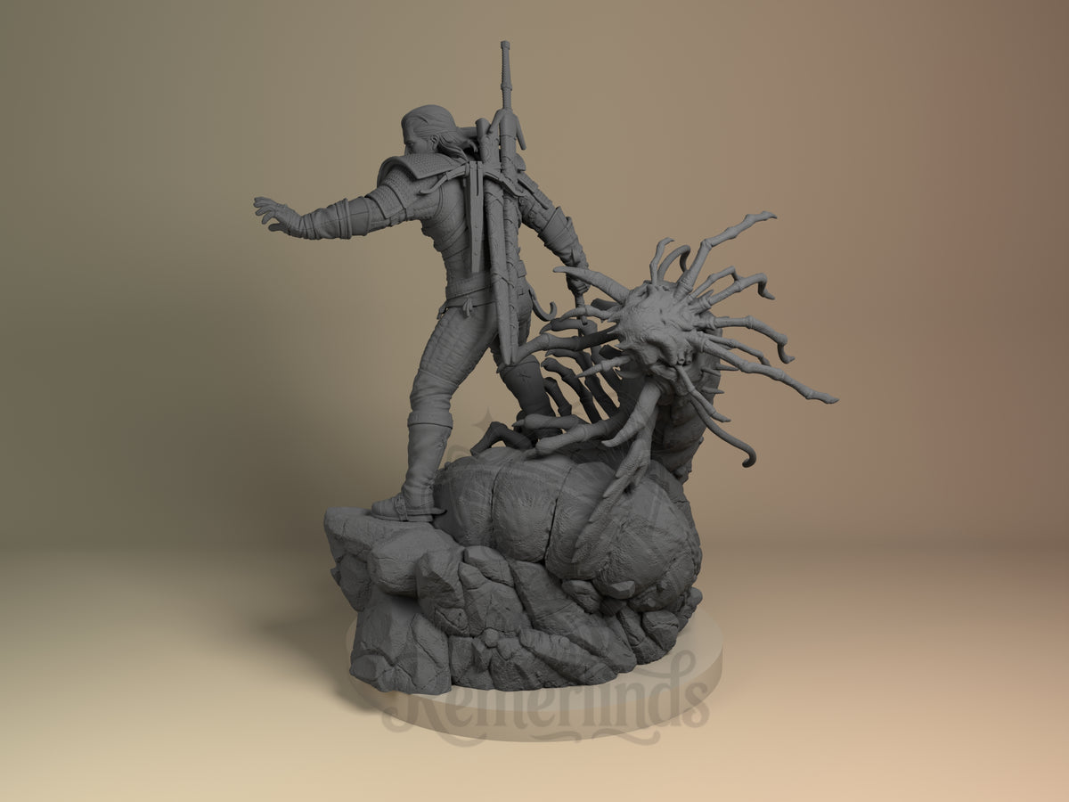 Unpainted resin figure of Geralt of Rivia from The Witcher stands beside a monster on a rocky base.