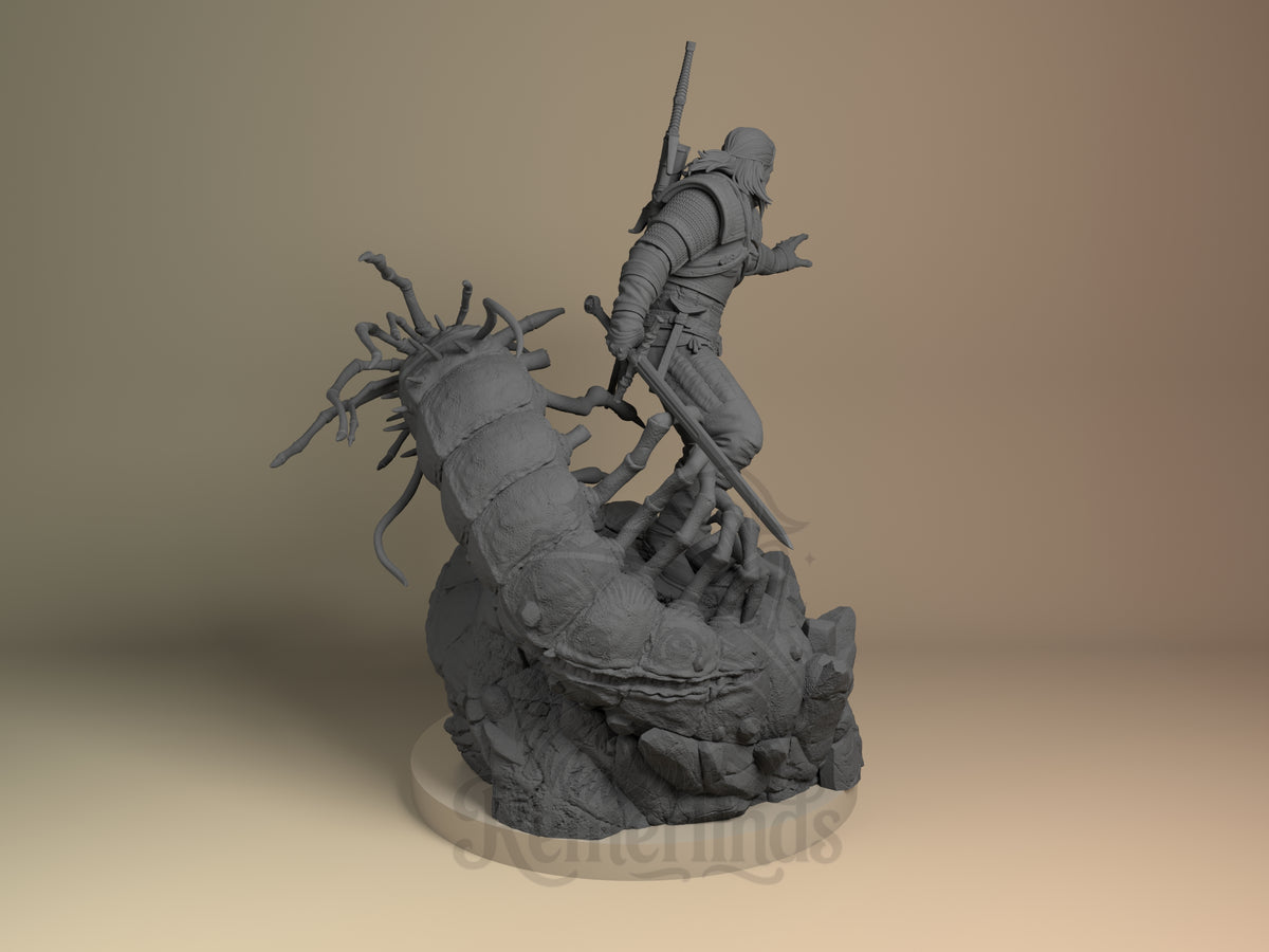Back view of Geralt of Rivia from The Witcher, an unpainted resin figure with swords and monster base.