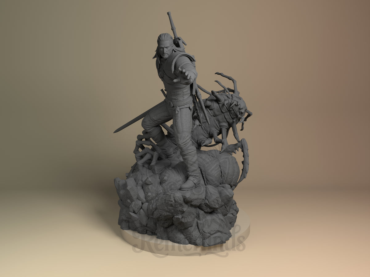 Unpainted resin figure of Geralt of Rivia from The Witcher, front pose, sword, and rocky base.