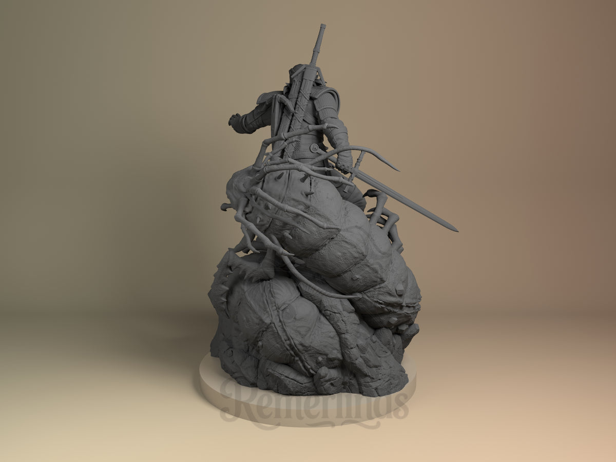Geralt of Rivia from The Witcher resin figure sits unpainted, sword on a sculpted base.